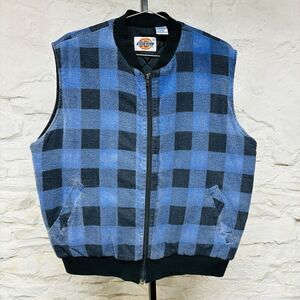 Vintage 90s DICKIES Flannel Blue Black Plaid Lumberjack Quilted Lined Vest Work
